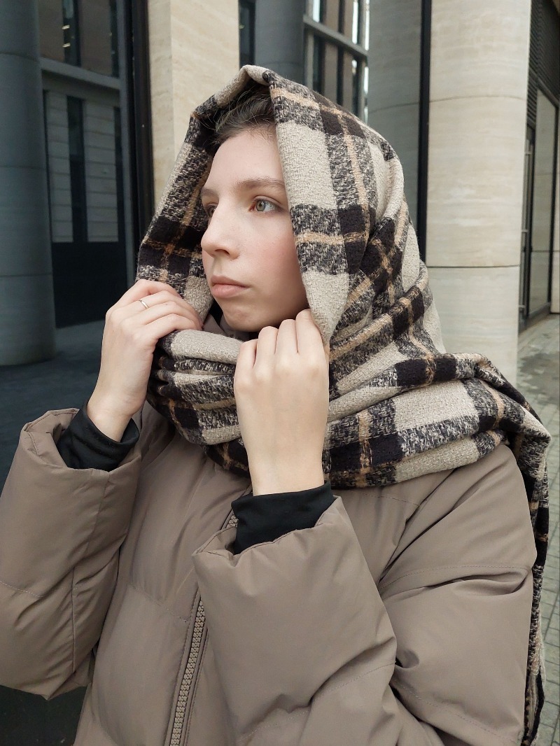 Палантин шарф теплый зимний бежево-коричневый